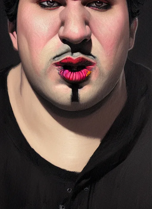 Prompt: portrait of a plump man with a crooked nose and a confident expression, 1 9 6 0 s, black clothes, goth, punk, brightly coloured hair, funk, intricate, elegant, highly detailed, digital painting, artstation, concept art, smooth, sharp focus, illustration, art by wlop, mars ravelo and greg rutkowski