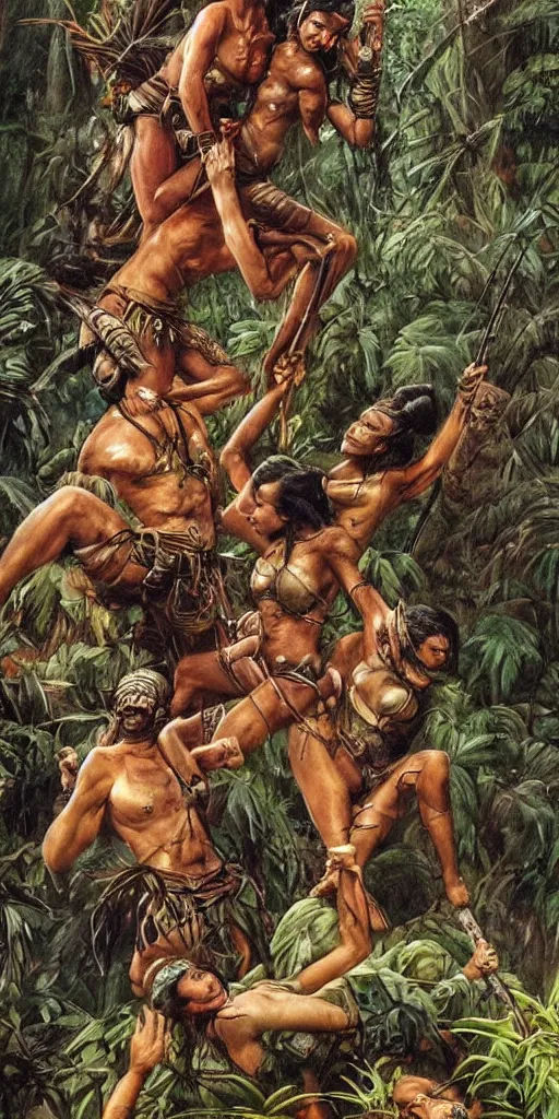 Prompt: editorial photo of battle in jungle, aztec and Amazonian climbing onto another and fight, epic, vintage, blood, slight inspiration of Boris vallejo and apocalypto, war photography