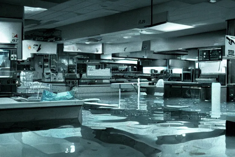 Image similar to flooded mcdonald's mc - aspic aspic meal, in 1 9 9 5, y 2 k cybercore, industrial low - light photography, still from a ridley scott movie