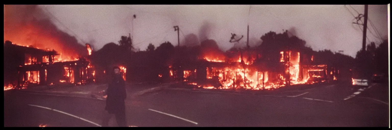 Prompt: 8 0 s polaroid photo, cinema still from david lynch movie, sleazy man watching night streets while a single house burns in the background of suburbia, haze, americana, high production value, 8 k resolution, hyperrealistic, hdr, photorealistic, high definition, high details, tehnicolor, award - winning photography, masterpiece, amazing colors