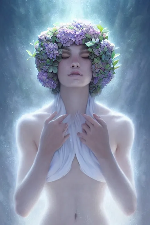 Prompt: a goddess of hydrangeas!! standing in a windy murky underwater garden wearing a white robe! with a beautiful symmetrical face!!! cinematic lightning, murky dusty deep, smoky eyes, isolated, studio lighting by artgerm yuri shwedoff and tom bagshaw