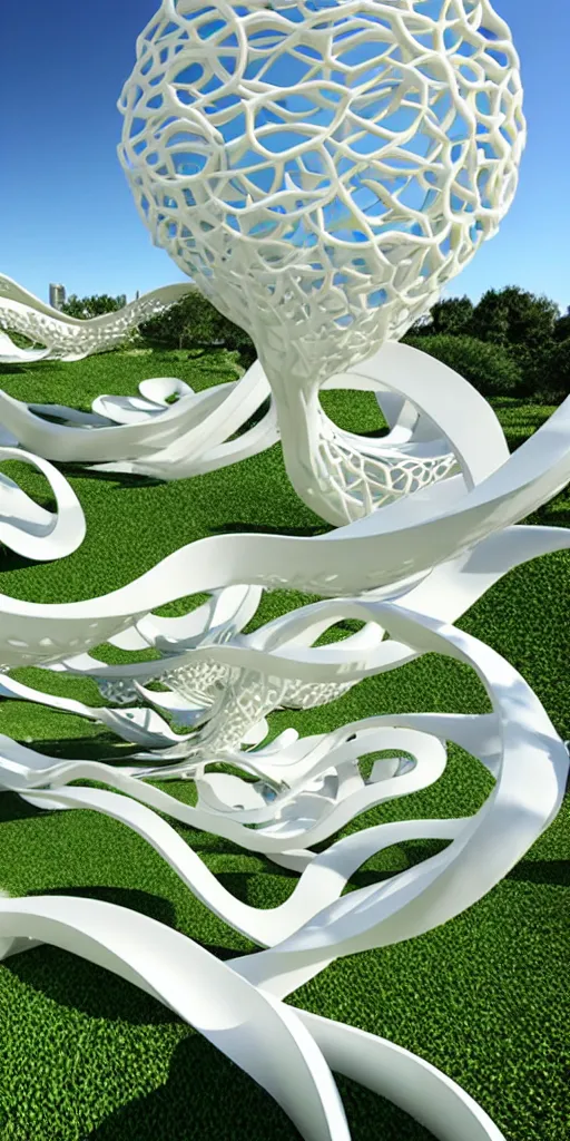 Prompt: elegant white art 3 d printed parametric installation with playful surreal tall lemon groves, urban playground, fluidity, vincent callebaut, mamou - mani, voronoi pavilion with white magnolia above