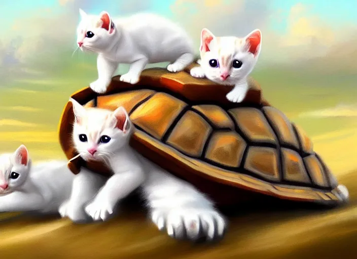 Image similar to white kittens riding turtles ready for battle, cute, digital oil painting, trending on artstation