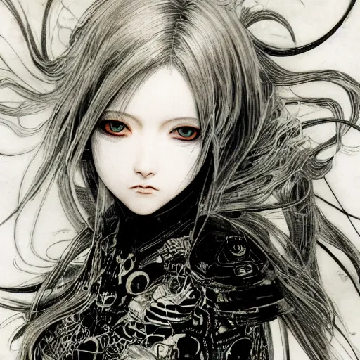 Image similar to Yoshitaka Amano realistic illustration of an anime girl with black eyes, wavy white hair fluttering in the wind and cracks on her face wearing Elden ring armour with engraving, abstract black and white patterns on the background, noisy film grain effect, highly detailed, Renaissance oil painting, weird portrait angle, blurred lost edges, three quarter view