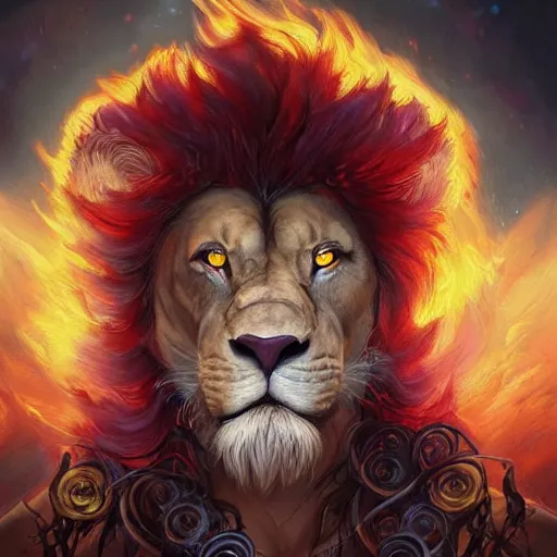 Image similar to aesthetic portrait commission of a albino muscular and attractive anthro lion as a satanic muscular overlord with mane fur turning into cosmic red fire and black smoke in the volcanic burning clouds, fantasy art, hyperdetailed. Character design by charlie bowater, ross tran, artgerm, and makoto shinkai, detailed, inked, western comic book art, 2021 award winning painting