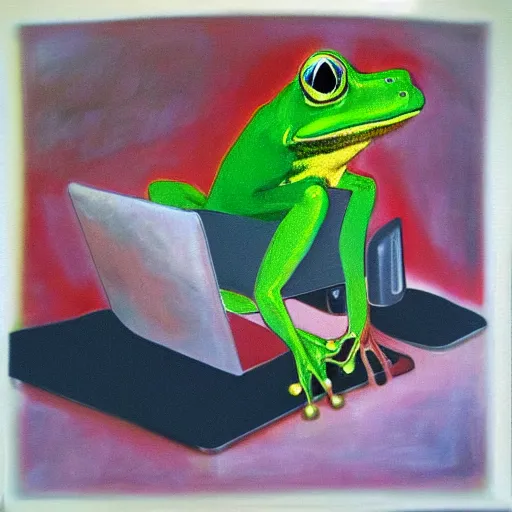 Image similar to abstract art of a frog sitting behind a computer