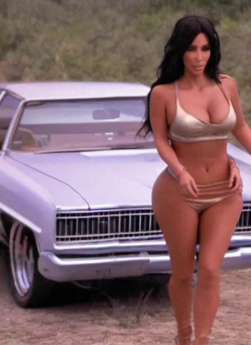 Image similar to movie still of kim kardashian as daisy duke in the movie the dukes of hazzard