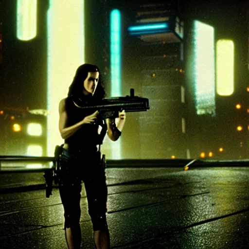 Image similar to jennifer connelly starring in a cyberpunk movie in a distopic futuristic city in the style of bladerunner, wearing a cropped black tank top, black boy shorts and black boots, firing a gun, muzzle flash, movie still, highly detailed, rainy night, volumetric lights, dramatic, scifi, sharp focus