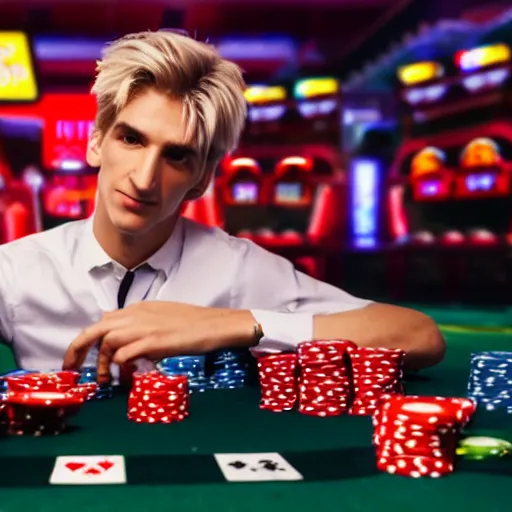 Image similar to film still of xqc gambling in Vegas, 4k, photorealism, artstation style