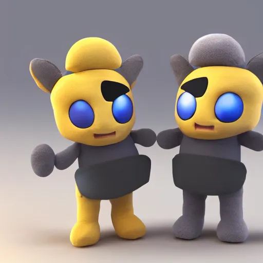 Prompt: cute fumo plush twins who are masters of construction and destruction respectively, bruiser and builder, lens flare, vray