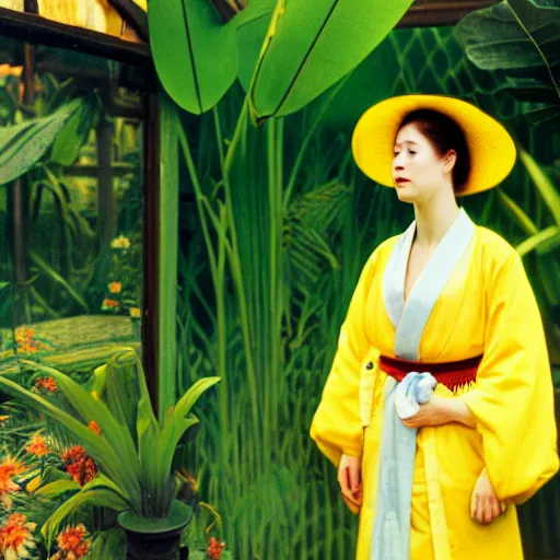 Prompt: Photograph. Film still. of a young woman!!! wearing a yellow kimono in a tropical greenhouse, by Carl Larsson Extremely detailed. 4K. 35 mm lens