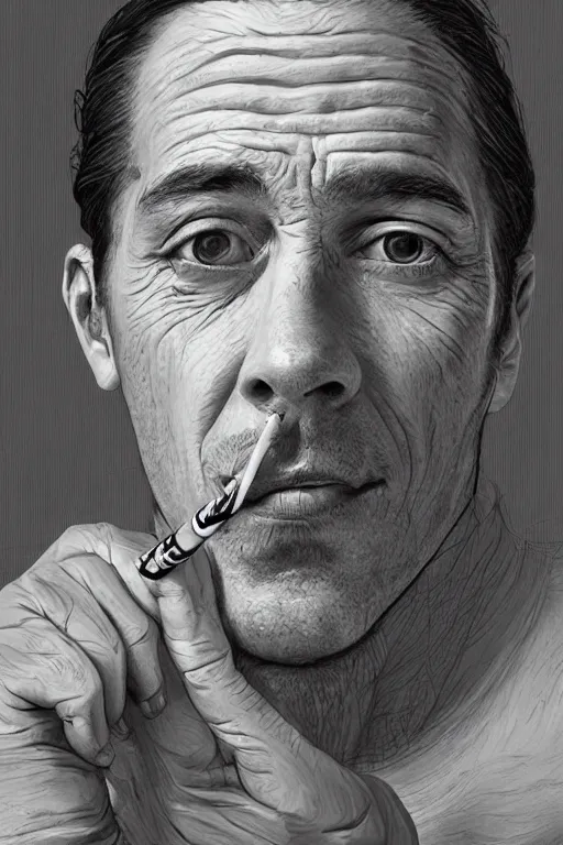 Image similar to hyperdetailed portrait of a man enjoying a cigarette, by nicholas delort, artstation, smooth, graphic black and white. intricate, elegant, central composition, golden ratio,