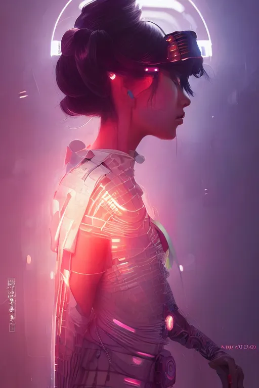 Image similar to portrait futuristic Samurai Girl, in future cyberpunk tokyo rooftop , ssci-fi, fantasy, intricate, very very beautiful, elegant, human anatomy, neon light, highly detailed, digital painting, artstation, concept art, smooth, sharp focus, illustration, art by tian zi and WLOP and alphonse mucha