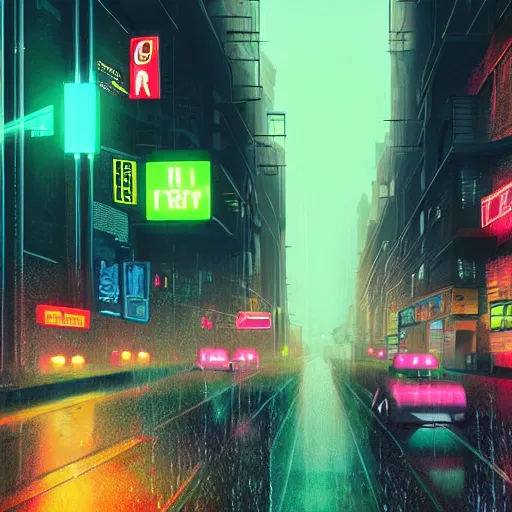 Prompt: cyberpunk retro city. street view. max hay. digital render. digital painting. night. raining. rain. neon. road signs. traffic lights. cables. advertisements. stalls. umbrella. robot. dangiuz.