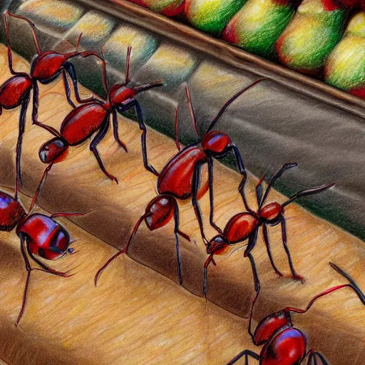 Prompt: a colorful realistic drawing of ants going grocery shopping, detailed, depth of field, 8 k render, hd