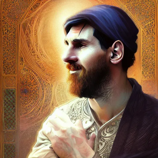 Image similar to lionel messi as a muslim, d & d, fantasy, intricate, elegant, highly detailed, digital painting, artstation, concept art, matte, sharp focus, illustration, art by artgerm and greg rutkowski and alphonse mucha