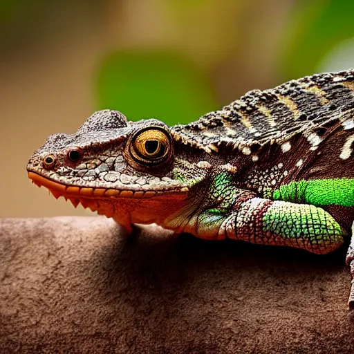 Prompt: An award winning photo of Tokay crocodile chameleon facing the camera, cute, environmental portrait, wildlife photography, National Geographic, 4k