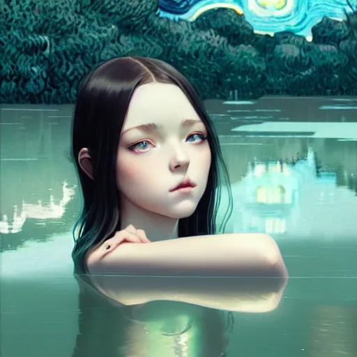 Image similar to very tiny girl by artgerm, green eyes and long black hair by ilya kuvshinov, sitting in a crystal clear lake painted by van gogh, rtx reflections, octane render 1 2 8 k, extreme high intricate details by wlop, digital anime art by ross tran, wide shot, composition by tom bagshaw, lighting by wlop