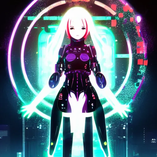 Image similar to full round symmetrical face!, digital cyberpunk anime!!, shattered cyborg body, girl in the style of arcane!!!, lightning, raining!!, water refractions!!, black long hair!, biomechanical details, neon background lighting, reflections, wlop, ilya kuvshinov, artgerm