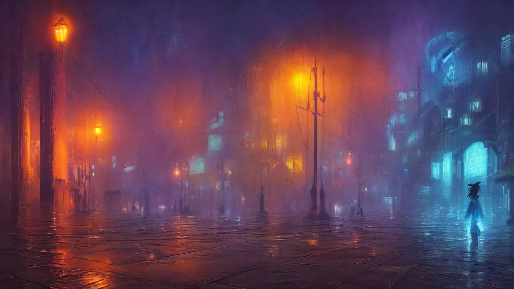 Prompt: a surreal dreamlike scene of a lone ghostly spirit wisp floating through a colorful alien city at night, somber melancholic matte painting, light rain, highly detailed oil painting, liminal space, 8k, stillness, solitude, soft calm warm neon atmosphere, masterpiece