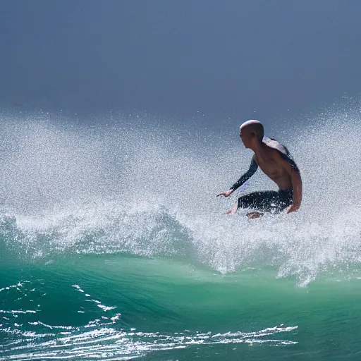 Prompt: Photograph of a zen monk surfing a giant wave on a summer day, natural light, telephoto lens, 4k image, Canon EOS