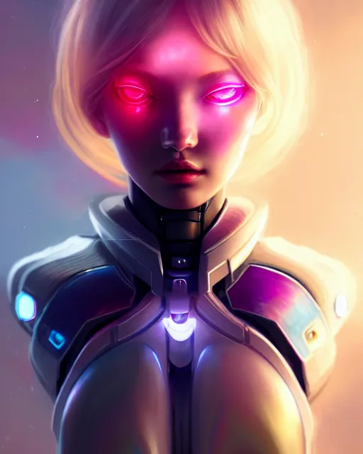 Image similar to perfect android girl family, full body character design, warframe armor, beautiful face, scifi, futuristic, galaxy, nebula, bae suzy, dreamy, long white hair!!!, yellow cyborg eyes, sharp focus, cinematic lighting, highly detailed, artstation, divine, by huifeng huang, smooth gradient.