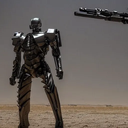 Image similar to cinematic still in westworld and real steel movie, one slim full body ornate armored core with sci - fi rifle arms by fujioka kenki and by mamoru nagano,