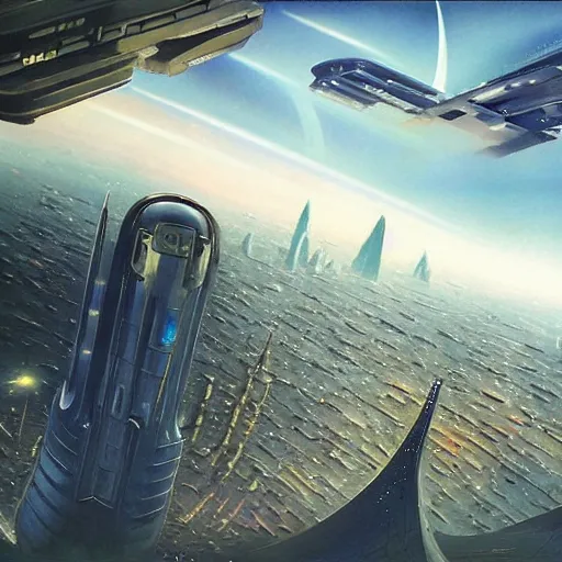 Image similar to gorgeous sci fi imagery | landing spot | space and city flying craft | futuristic | beautiful couple in the foreground heading to their hovering transport | futurism | modern couple | futuristic cityscape in the background | low angle | golden ratio | by john berkey, greg rutkowski, james gurney