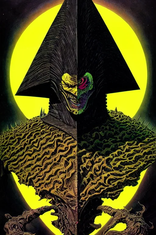 Prompt: portrait of black and yellow technicolor color print, richard corben, wayne barlowe, moebius, heavy metal comic cover art, psychedelic triangular lich in heavy shoulders armor, very intricate, thick outline, full body, symmetrical face, long black crown, in a shapes background, galactic dark colors