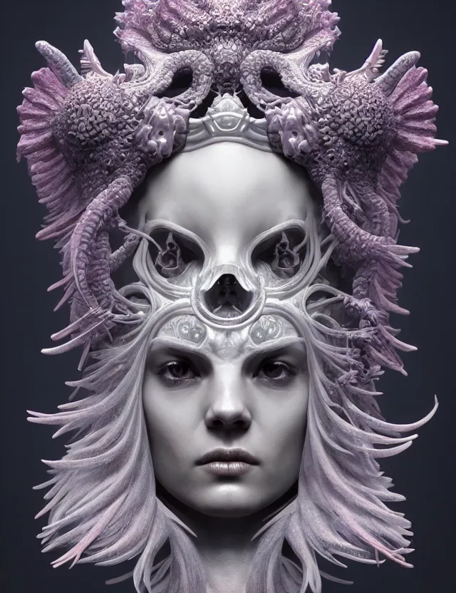 Image similar to symmetrical, centered, zbrush sculpt of goddess close-up portrait wigh crown made of skulls. phoenix betta fish, phoenix, bioluminiscent creature, super intricate ornaments artwork by Tooth Wu and wlop and beeple and greg rutkowski