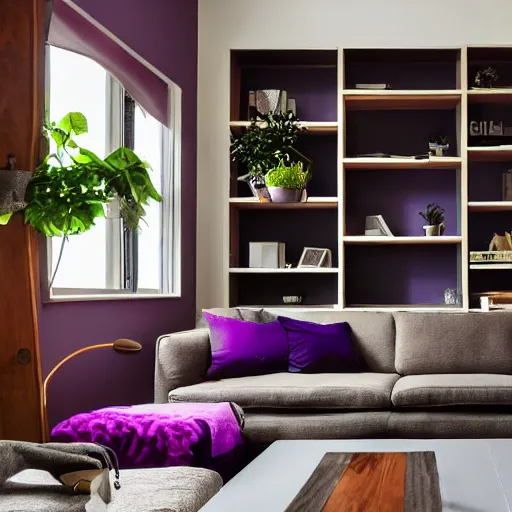 Image similar to award winning interior design city apartment, cozy, fabrics and textiles, deep purple accent color, book shelf, couch, desk, balcony door, plants, photograph magazine, wide angle