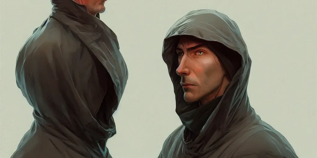 Image similar to european ( ( ( ( bald man ) ) ) ) dressed in raincoat, male, clear face, masculine, upper body, highly detailed, digital painting, artstation, concept art, matte, sharp focus, illustration, art by artgerm and greg rutkowski and alphonse mucha