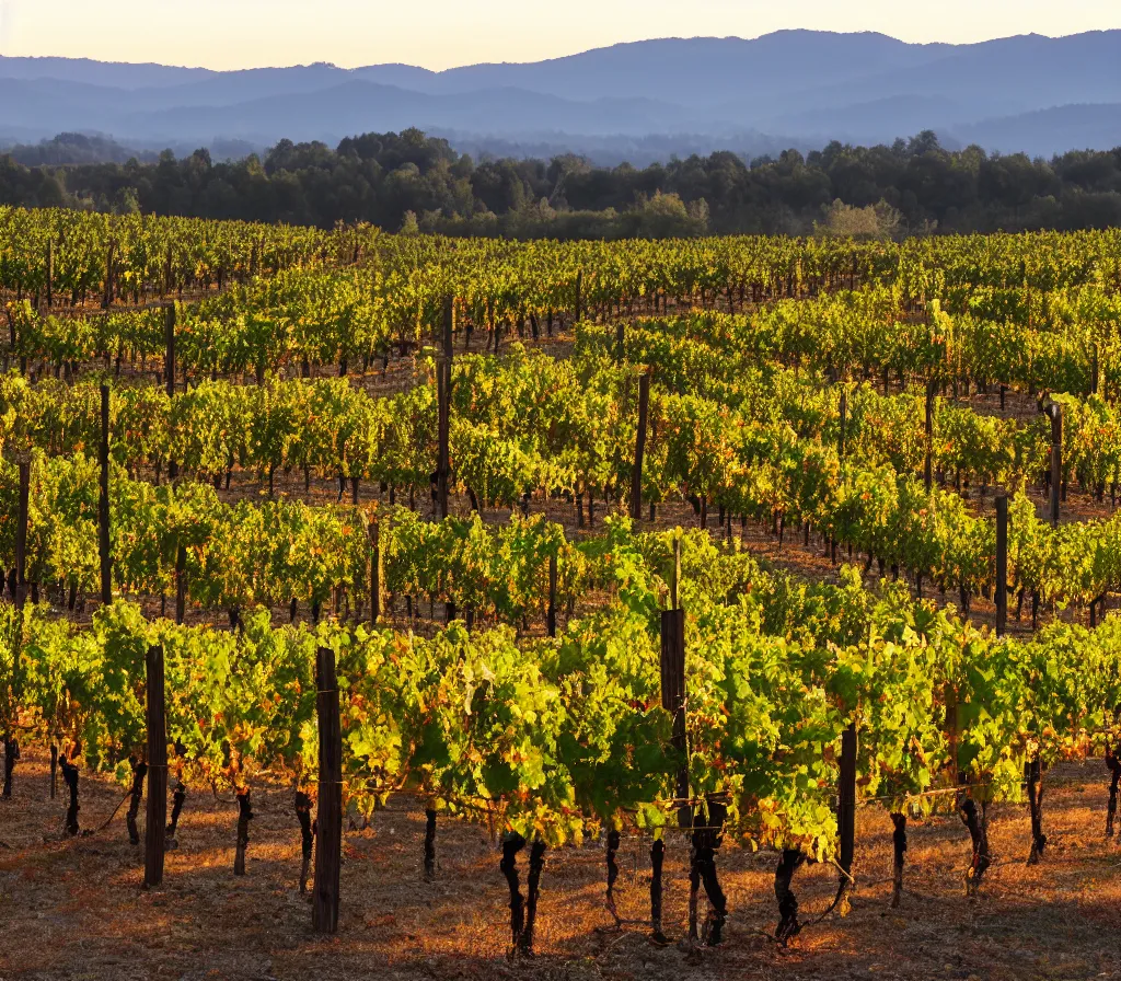 Image similar to georgia the wine country at the peak of the wine season, volumeric lighting, golden hour