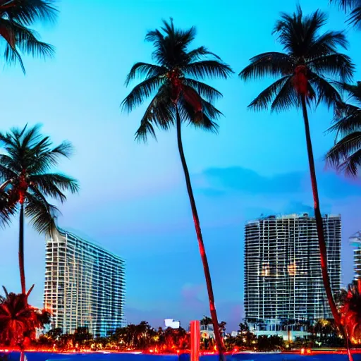 Prompt: Outrun view of Miami Beach, glowing lights, palm trees