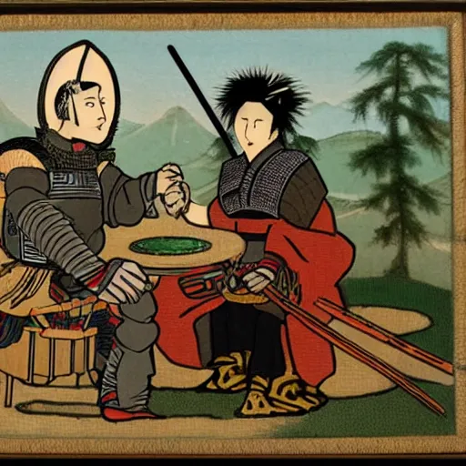 Prompt: an English knight and a Japanese samurai having tea at a pick nick.