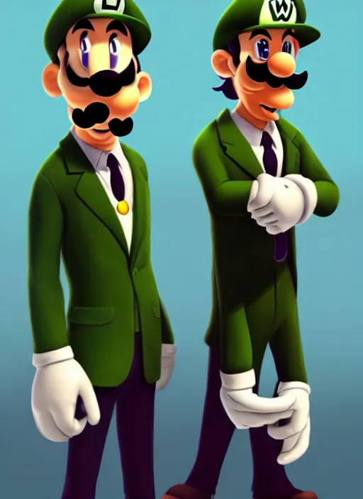 Image similar to luigi and waluigi as mafia gangsters, photorealistic, ultra detailed, trending on artstation, concept art, octane render, unreal engine, by shinji aramaki, by christopher balaskas, by krenz cushart