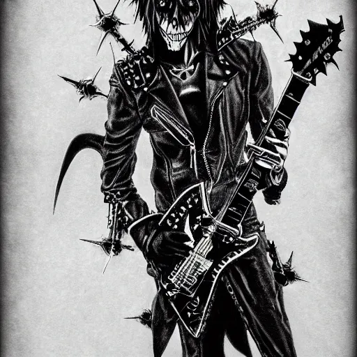 Image similar to a portrait of the grim reaper as a punk rocker playing an electric guitar, punk, skeleton face, mohawk, dark, fantasy, leather jackets, spiked collarsand wristbands, piercings, boots, ultrafine detailed pencil art on paper by frank frazetta and vito acconci and and takeshi obata, death note style, symetric body, sharp focus