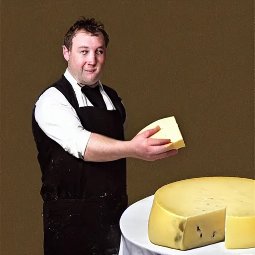 Image similar to simon whistler eating a large wheel of cheese,