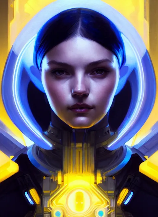 Image similar to symmetry portrait, sci - fi, tech wear, blue and yellow glowing lights, intricate, elegant, highly detailed, digital painting, artstation, concept art, smooth, sharp focus, illustration, art by artgerm and greg rutkowski and alphonse mucha