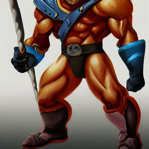 Image similar to He-man Gorpo, styleframe, concept art, artstation, brush texture, painted with oil