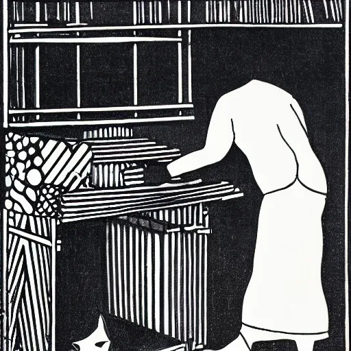 Image similar to Moodymann browsing a crate of reocrds, black ink illustration, woodblock print, by Aubrey Beardsley