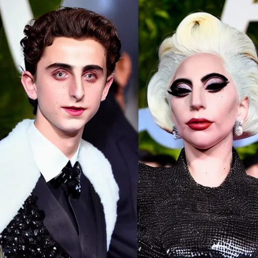 Image similar to timothee chalamet and lady gaga meet eachother, highly beautiful faces, highly detailed