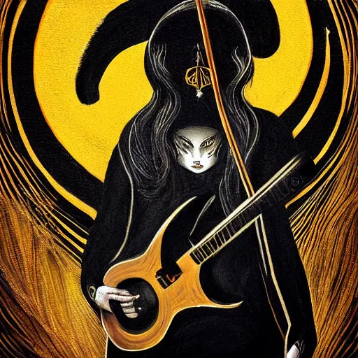 Prompt: black white yellow realistic painting on black paper, folkloric illustration , the guitar player , tarot by Andreas Rocha