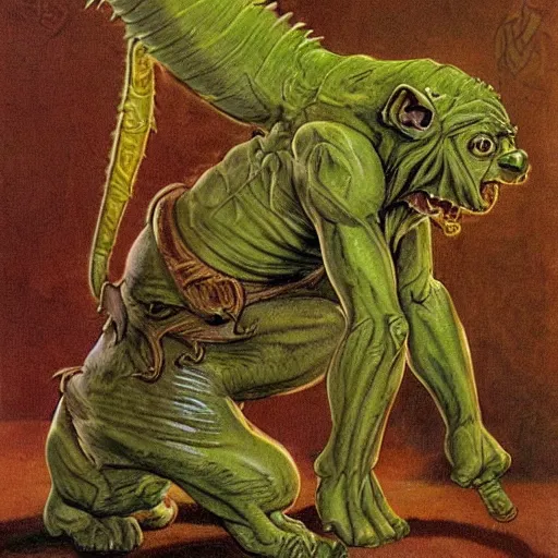 Image similar to dog - faced muscular goblin, ugly face, lizard tail, holding scimitar made of bone, scimitar, colorized, green skin, hyper - detailed, primeval fantasy, prehistoric fantasy, drawn by frank frazetta