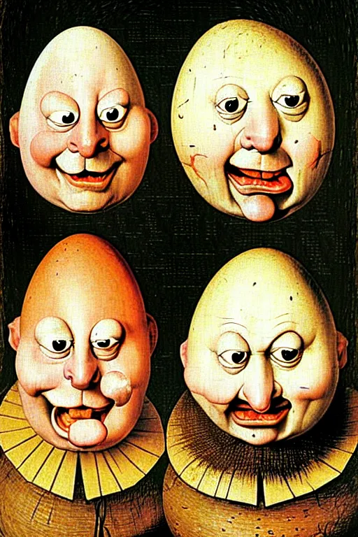 Prompt: egg heads with round humpty dumpty silly facial expressions, realistic, by hieronymus bosch and pieter brueghel