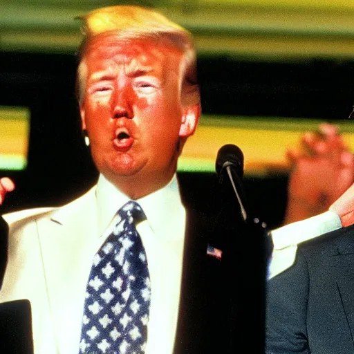 Prompt: 9 0 s photograph joe biden and donald trump in a rap competition, realistic
