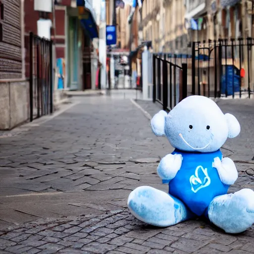 Image similar to blue'snappy gifts'human - sized plush doll, on sidewalk, holding gift, happy atmosphere, high detail, soft lighting, 8 k