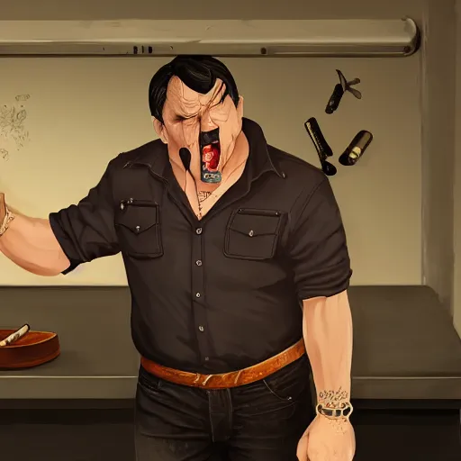 Prompt: a midage italian male, no beard, short black hair with gel, sharp teeth, overweight, fine white shirt, leather belt, black pants, leather shoes, smoking a cigar, full body, gta v style, concept art, highly detailed, hyper realistic, unreal engine