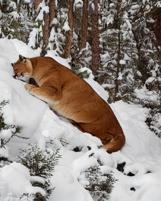 Image similar to magazine showing 'a cougar sleeping in the middle of snowy pine tree' laying on coffee table, zoomed out, HD, iphone screenshot