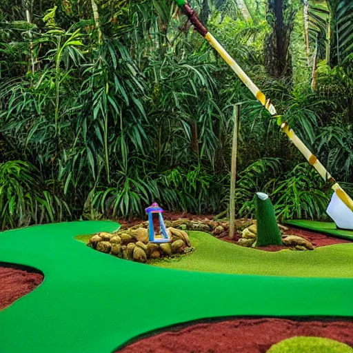 Prompt: an overview of a mini - golf course in a jungle